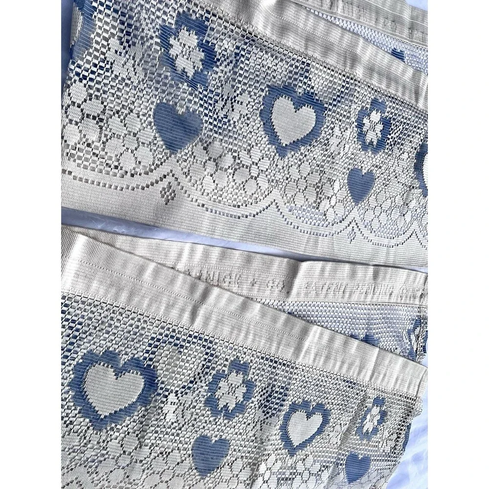 Vintage Louis Hornick 1983 Blue Heart Floral Lace Sidelight Curtain Panels 12x58